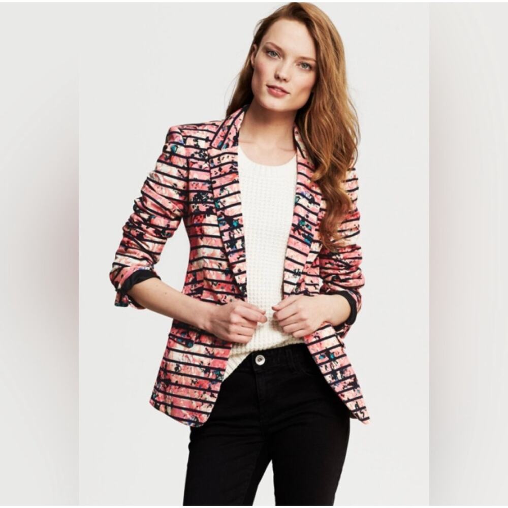 Banana Republic Bella Floral Hot Pink and Black Striped Black Fitted Blazer